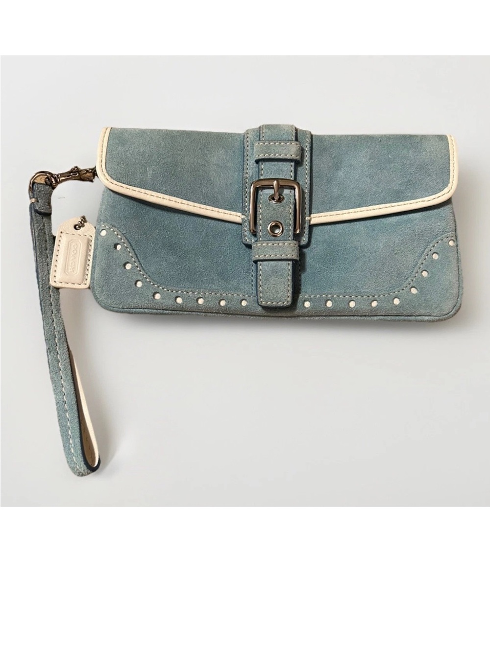 Coach Hamptons Satchel/Wristlet Set, Baby Blue Suede, White Leather Trim VINTAGE - Picture 12 of 13